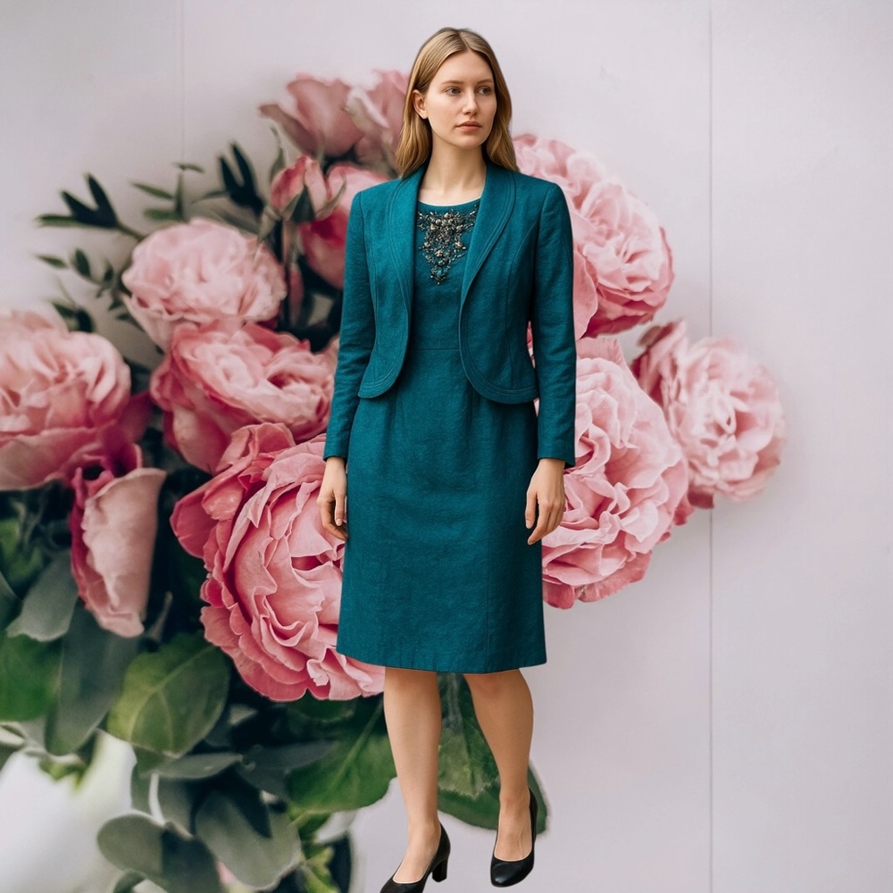 Kasper Teal Blue Satin Jeweled Beaded Elegant Sheath Dress with Jacket